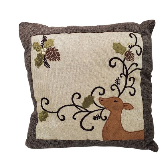 Decorative Deer & Pinecone Embroidered Pillow 16" x 16" - Picture 1 of 8
